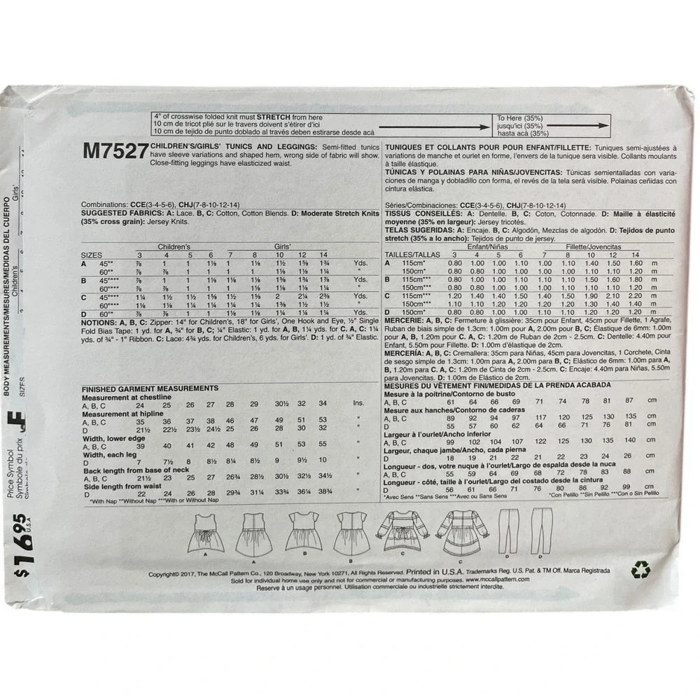 McCALL'S M7527 Girls Tunics Leggings Pattern Sizes 3-6 Modern‎